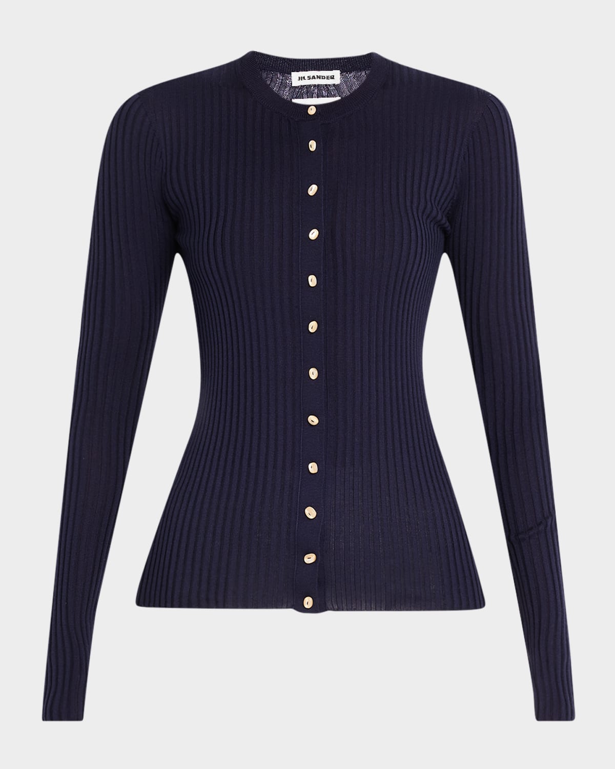 Jil Sander Silk Ribbed Crewneck Cardigan In Midnight