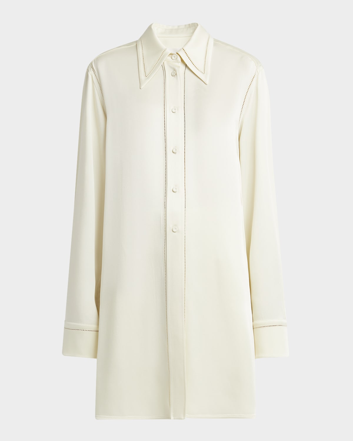 Lattice-Inset Button-Down Tunic Shirt