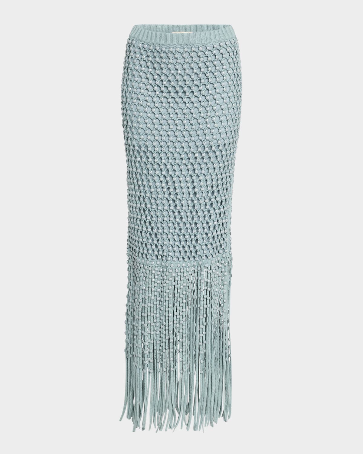Gala Embellished Crochet Knit Fringe Maxi Skirt