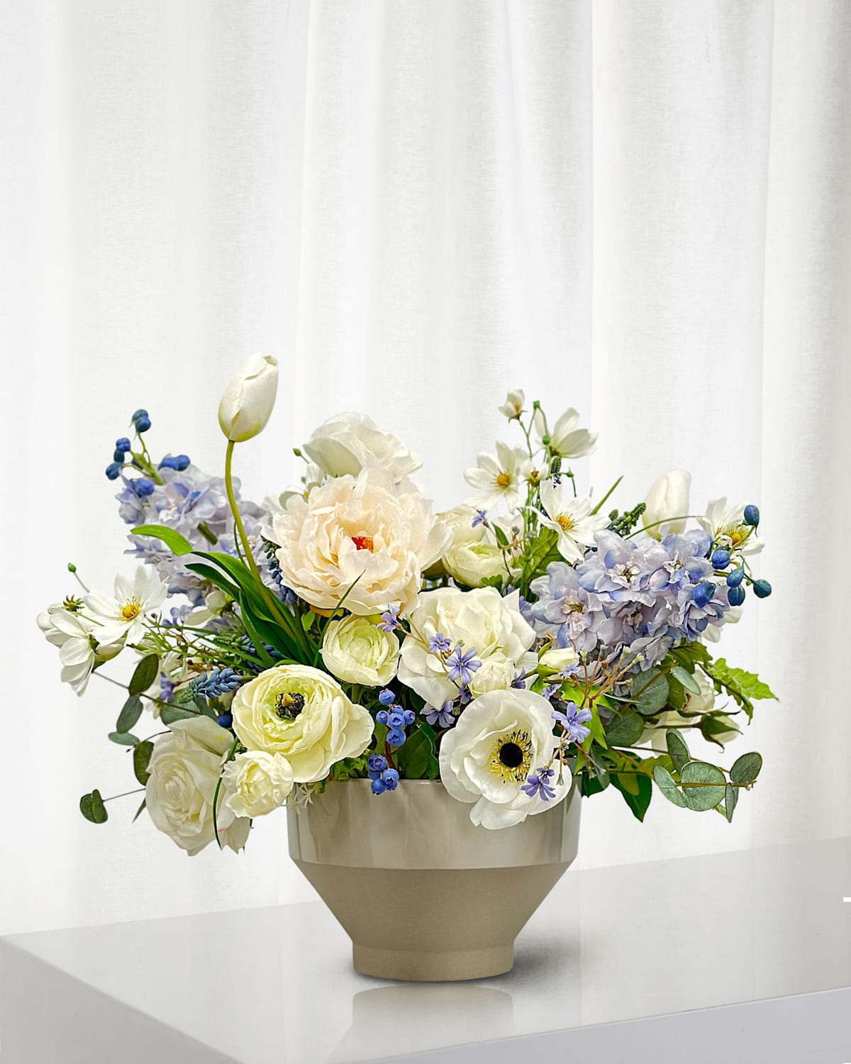 Winward Home Mixed Floral Arrangment In Tapered Ceramic Bowl, 22" In Blue/white
