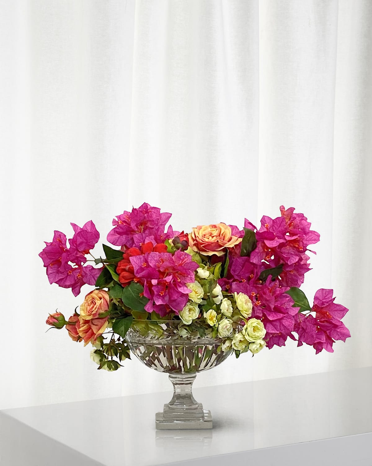 Winward Home Bougainvillea Rose Faux Floral Arrangement In Glass Vase, 18" In Fuchsia/green