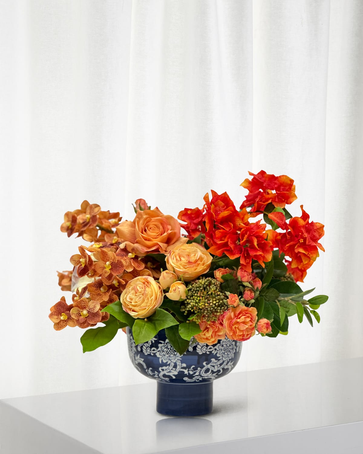 Winward Home Vanda Rose 18" Faux Floral Arrangement In Porcelain Bowl With Stand In Dusty Coral
