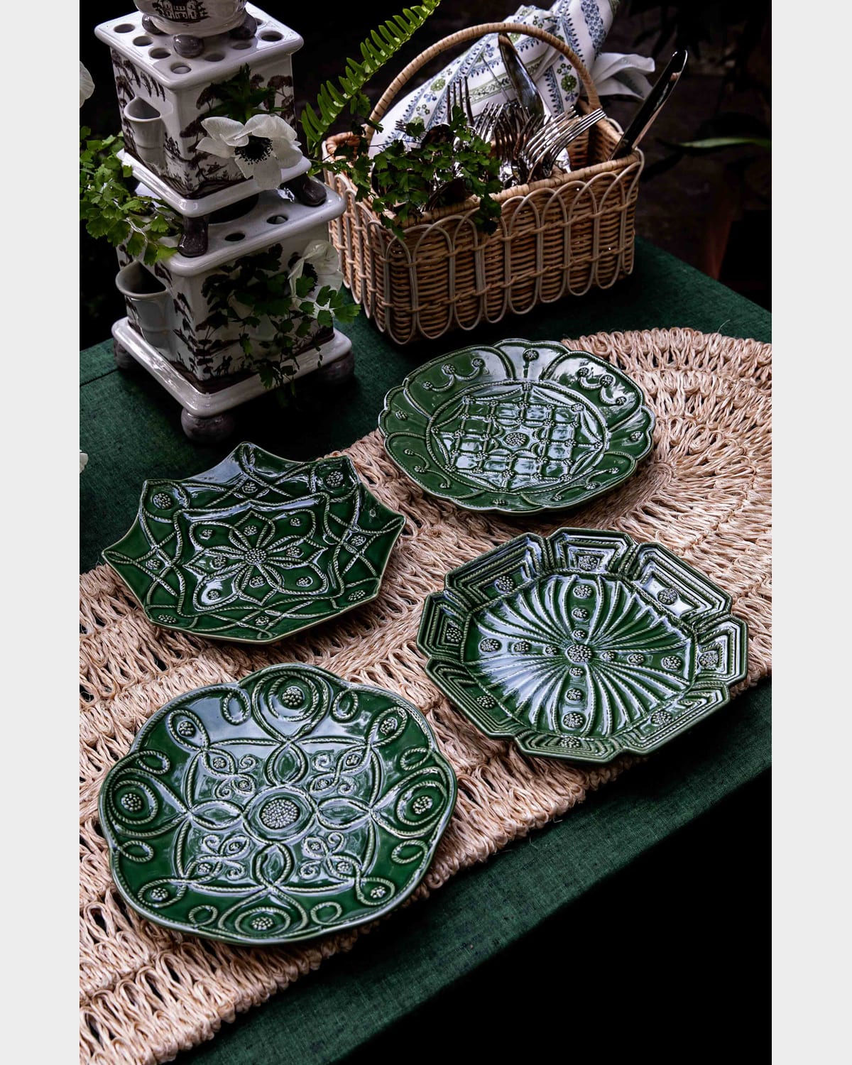 Juliska Veronica Beard Jardins Du Monde Assorted Green Party Plates, Set Of 4 In Basil