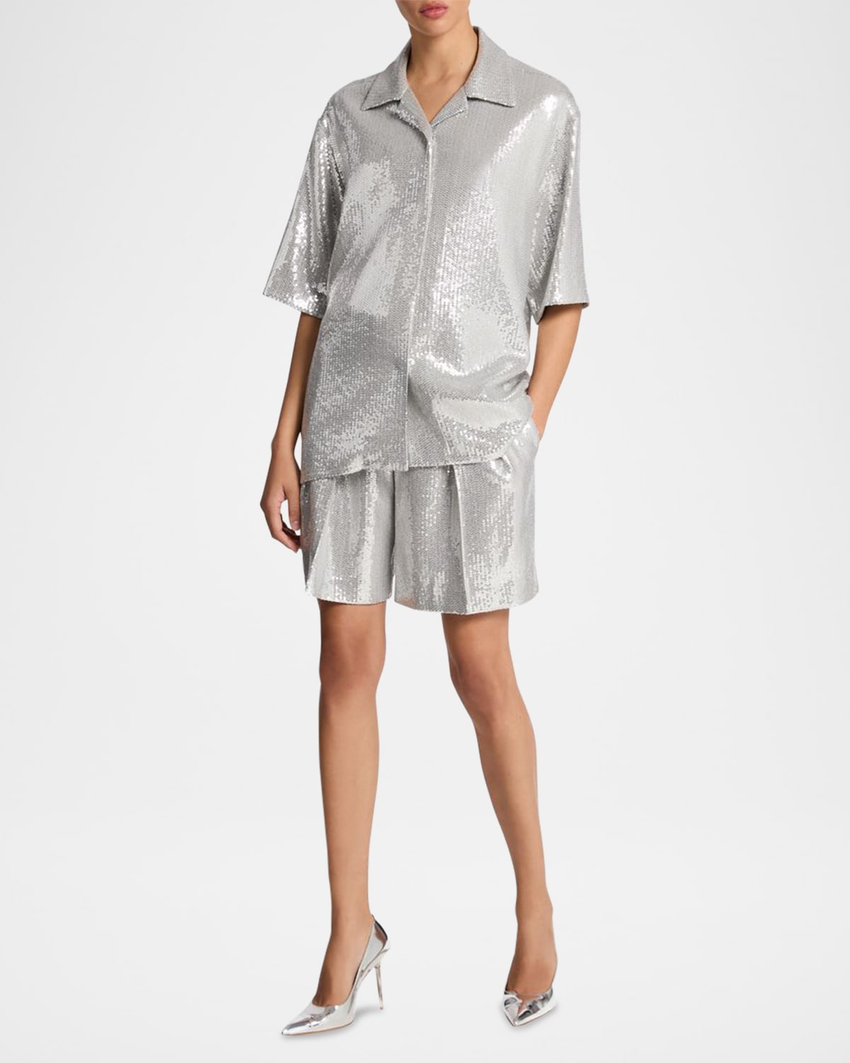 Sequined Short Sleeve Button Up Top