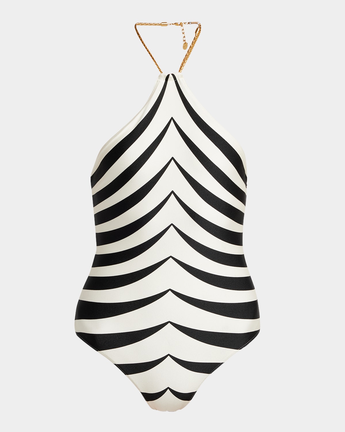 Optical Scaloppe-Print Halterneck One-Piece Swimsuit With Chain