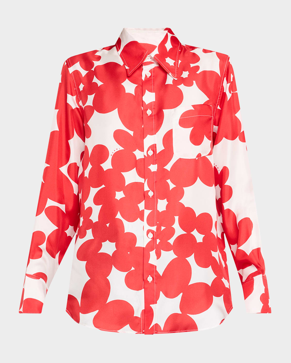 Marni Flower Print Classic Button Down Silk Top In Crimson