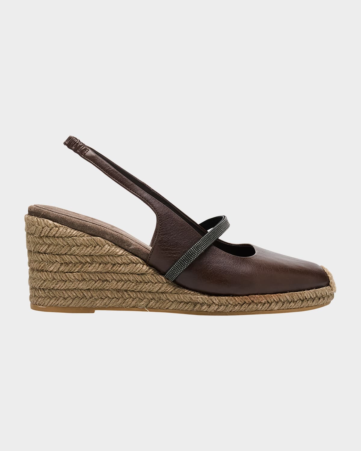 Brunello Cucinelli Leather Mary Jane Slingback Espadrilles In Brown