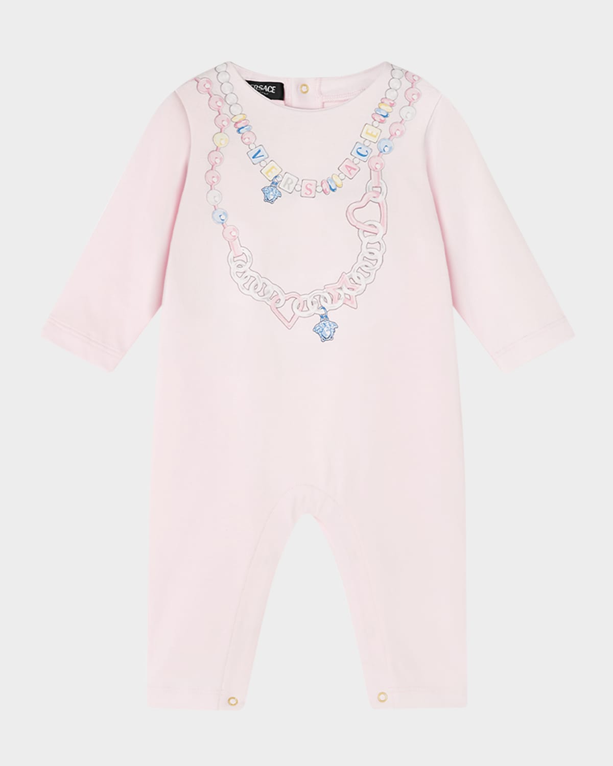Versace Girl's Logo-print Necklace Graphic Coverall In Newborn Pink Multi