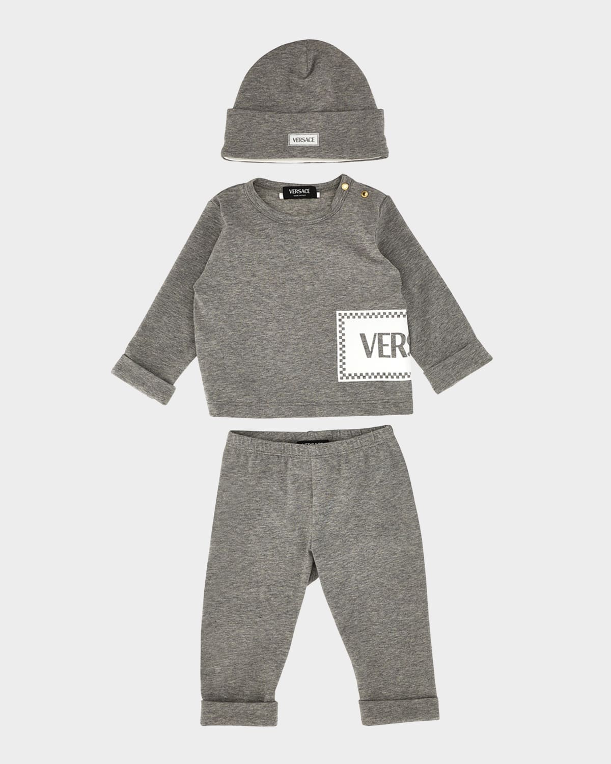 Versace Boy's Damier Logo-print 3-piece Set In Grey/melange/white
