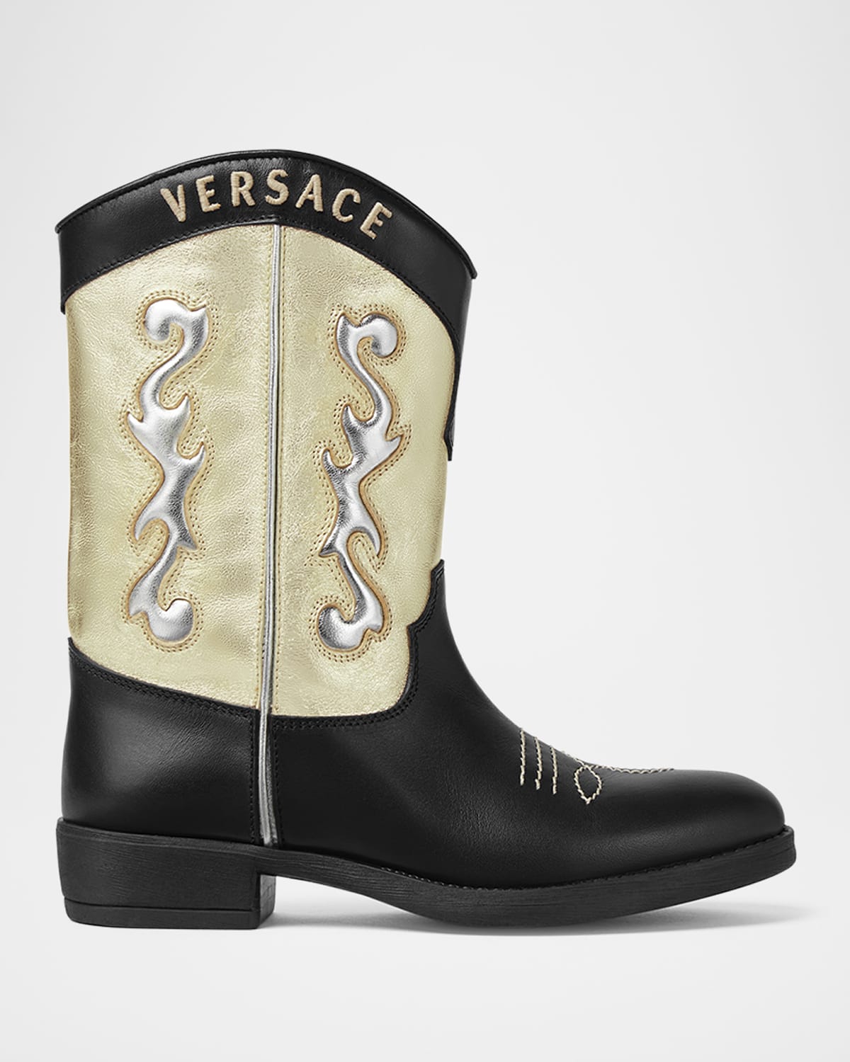 Versace Girl's Calf Leather Laminated Embroidered Boots, Toddlers/kids In Black Gold Silver