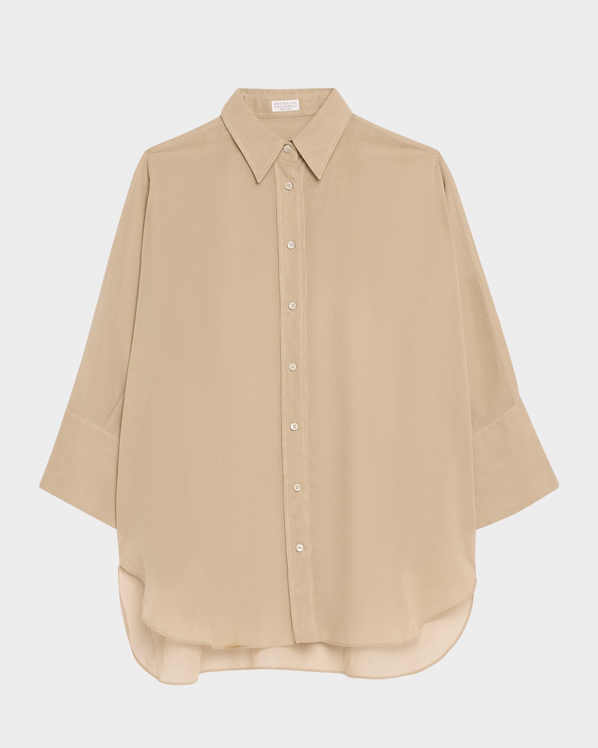Brunello Cucinelli Embroidered-cuff Cotton Gauze 3/4-sleeve Shirt In Coffee Cream
