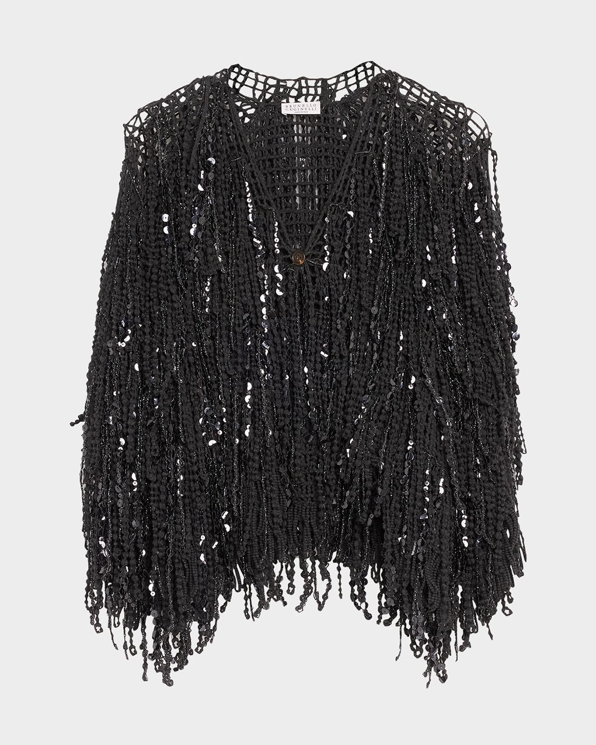Brunello Cucinelli Paillette Fringe Embroidered Single-button Cardigan In Lead