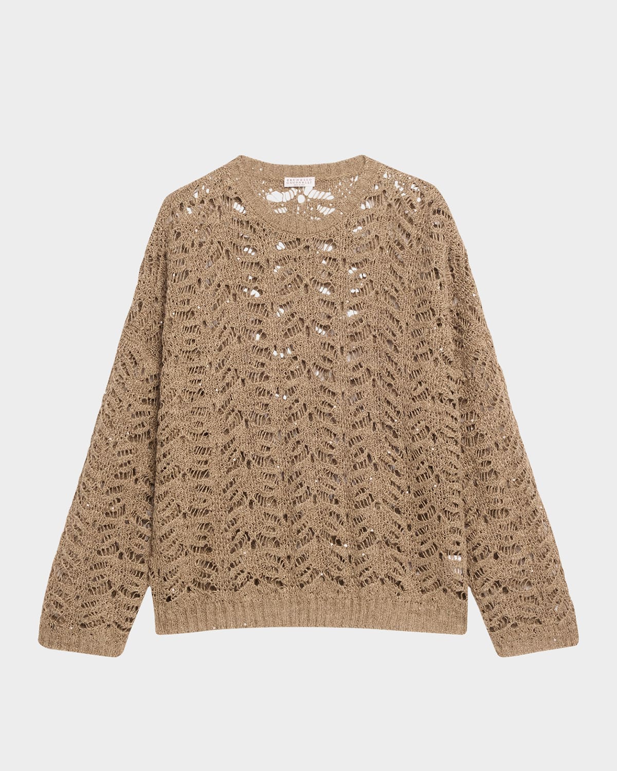 Brunello Cucinelli Paillette Lace Knit Crewneck Sweater In Chocolate