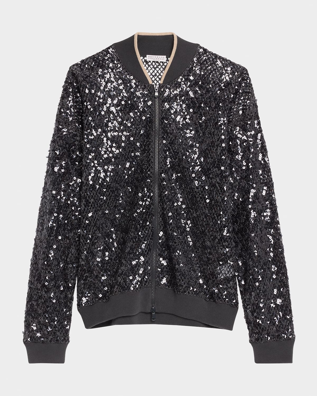 Brunello Cucinelli Paillette Net Knit Zip Bomber Cardigan In Navy