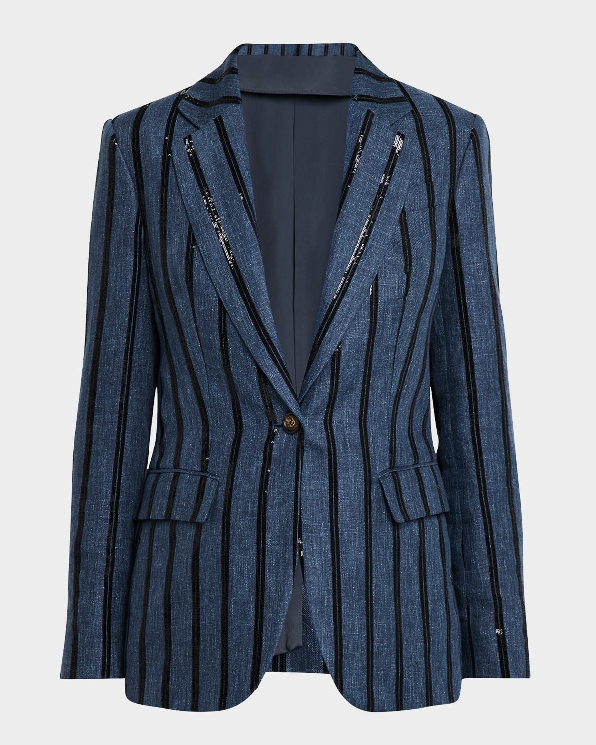 Brunello Cucinelli Paillette Striped Denim-effect Linen Single-breasted Blazer In Denim Blue