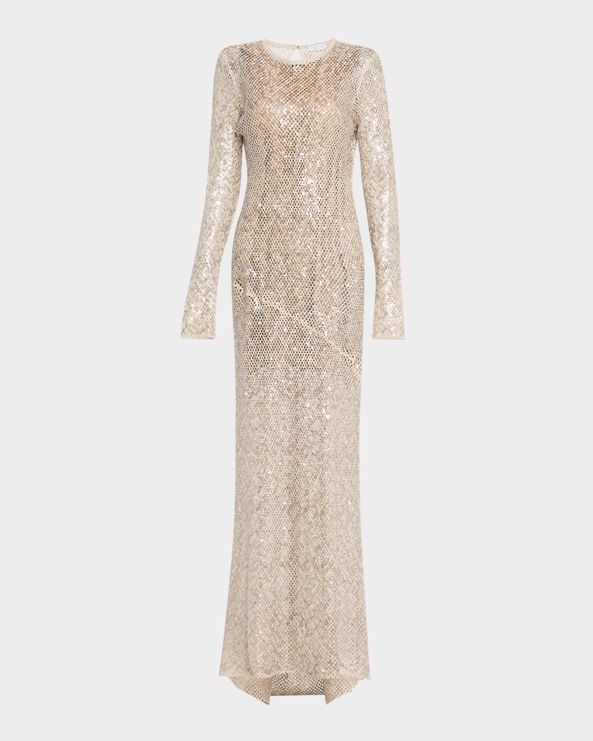 Brunello Cucinelli Paillette Net Knit Long-sleeve Maxi Dress In Beige