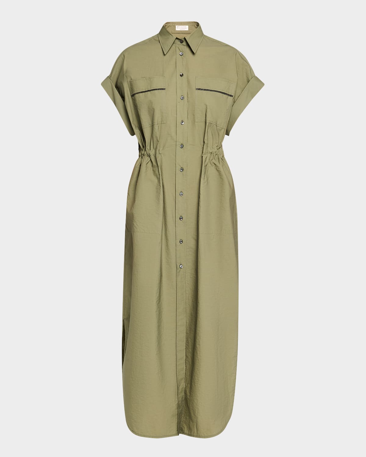 Brunello Cucinelli Monili-trim Short-sleeve Techno Cotton Poplin Midi Shirtdress In Olive