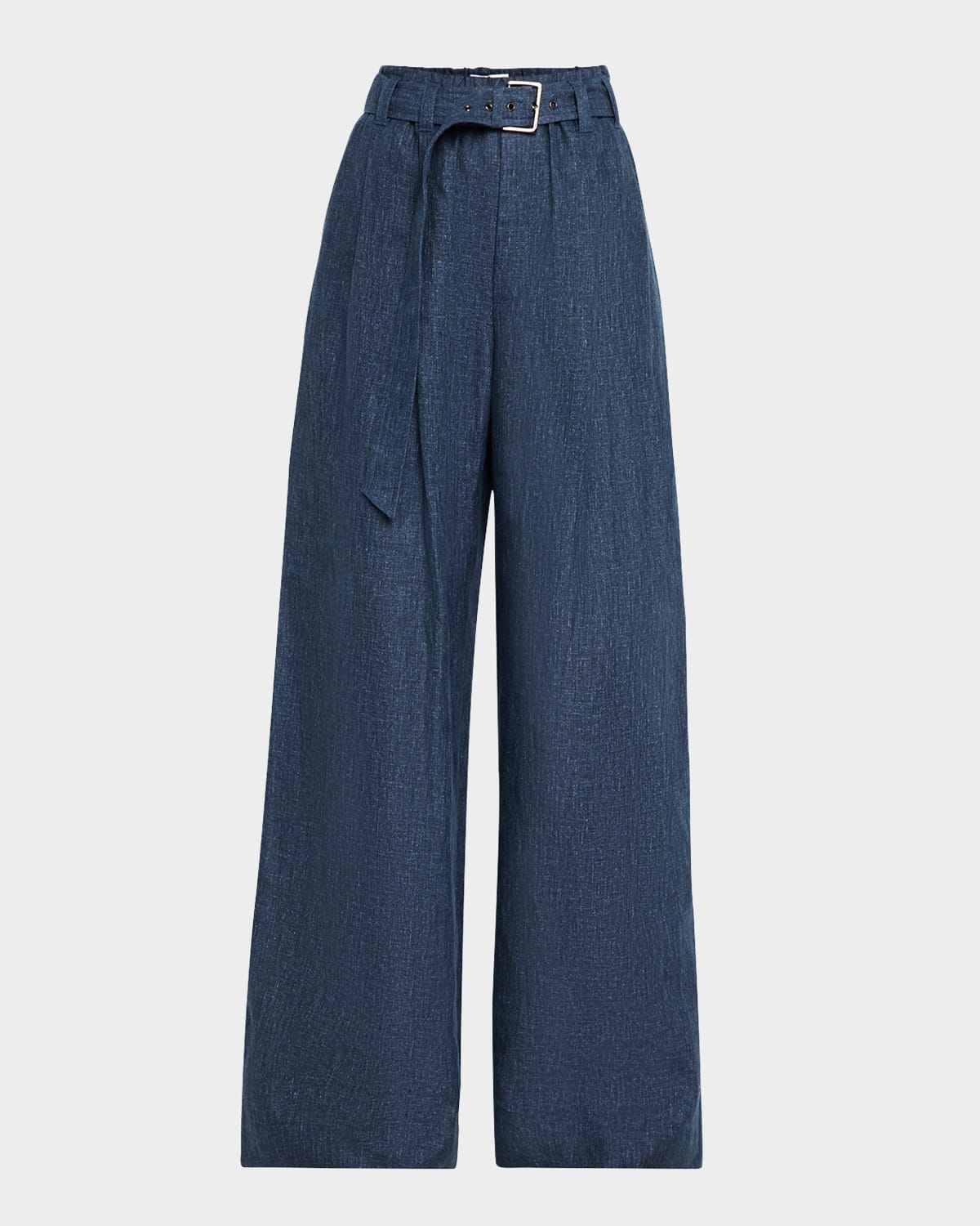 Brunello Cucinelli Denim-effect Linen Wide-leg Track Pants With Monili Belt Loop In Blue