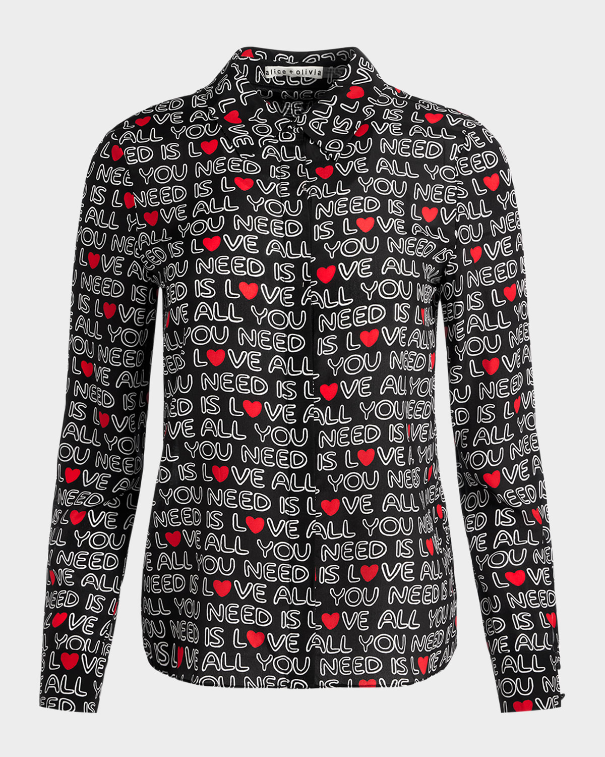 ALICE AND OLIVIA X THE BEATLES ALL YOU NEED IS LOVE WILLA SILK PLACKET TOP 