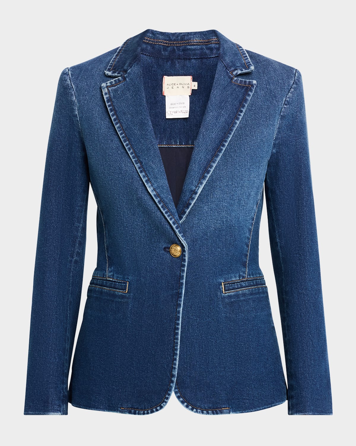 ALICE AND OLIVIA MACEY DENIM NOTCH-COLLAR FITTED BLAZER 