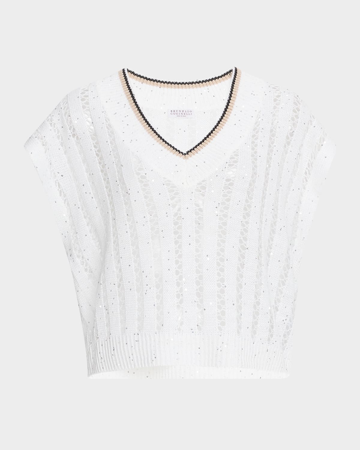 Brunello Cucinelli Tipped Linen Lattice Vertical Knit Ss V Neck W Micro Pailettes In Cfa26 White
