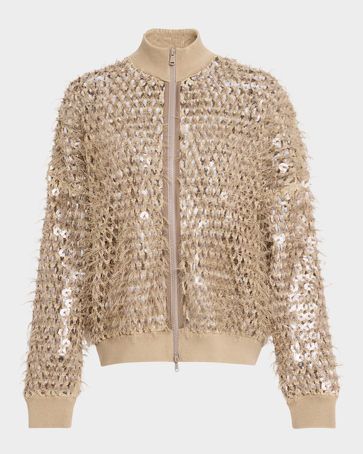 Brunello Cucinelli Mosaic Sequin Embroidered Net Knit Zip Jacket In C059 Light Brown
