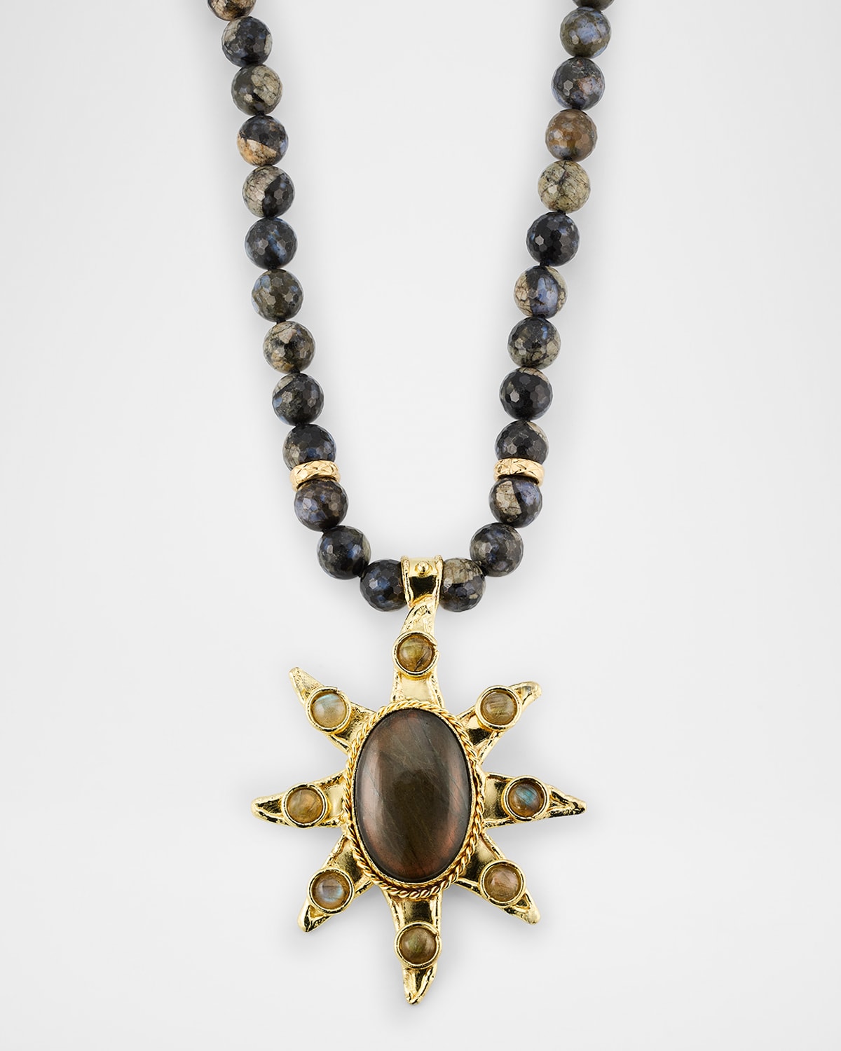 Gray Agate Beaded Necklace with a Labradorite Pendant