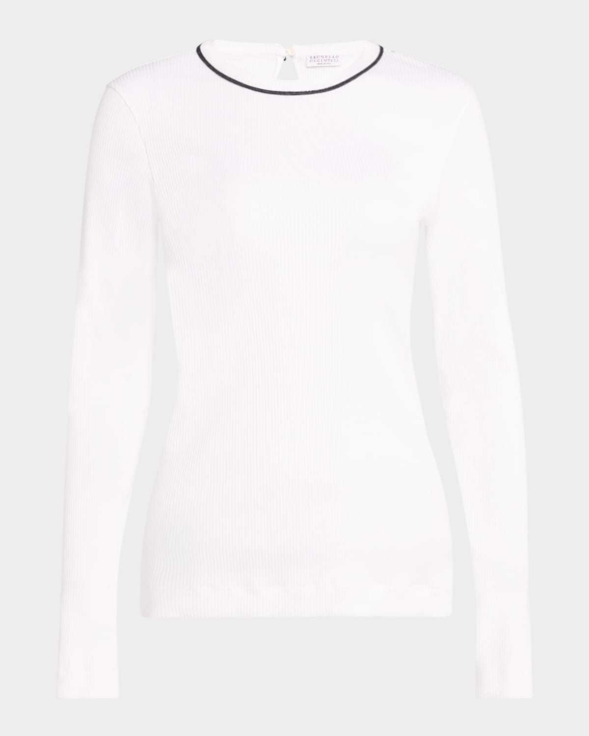 Brunello Cucinelli Contrast Monili Neck Cotton Stretch Rib Top In Cqz14 White