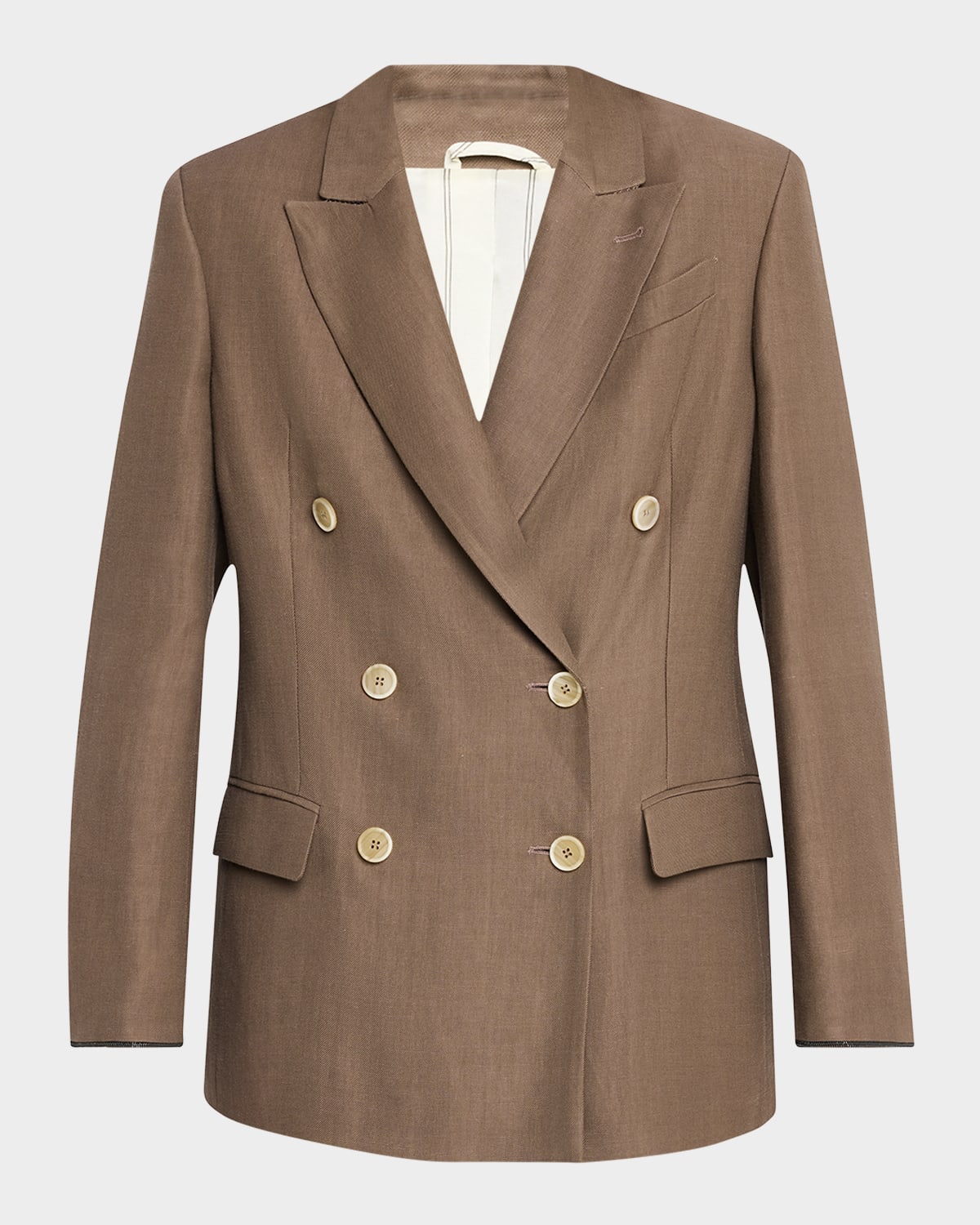 Shop Brunello Cucinelli Double-breasted Fluid Linen Twill Blazer In C2925 Dark Brown