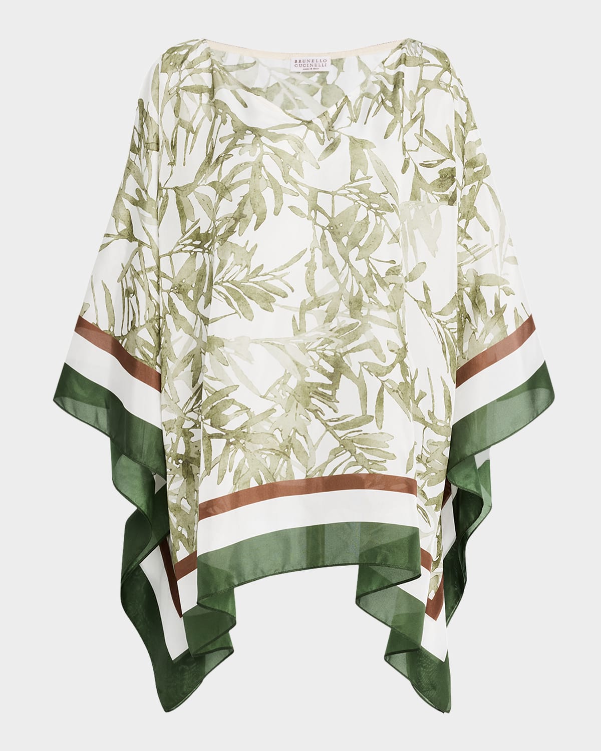 Brunello Cucinelli Silk Pongee Herbarium Print Blouse In C6001 White Matcha