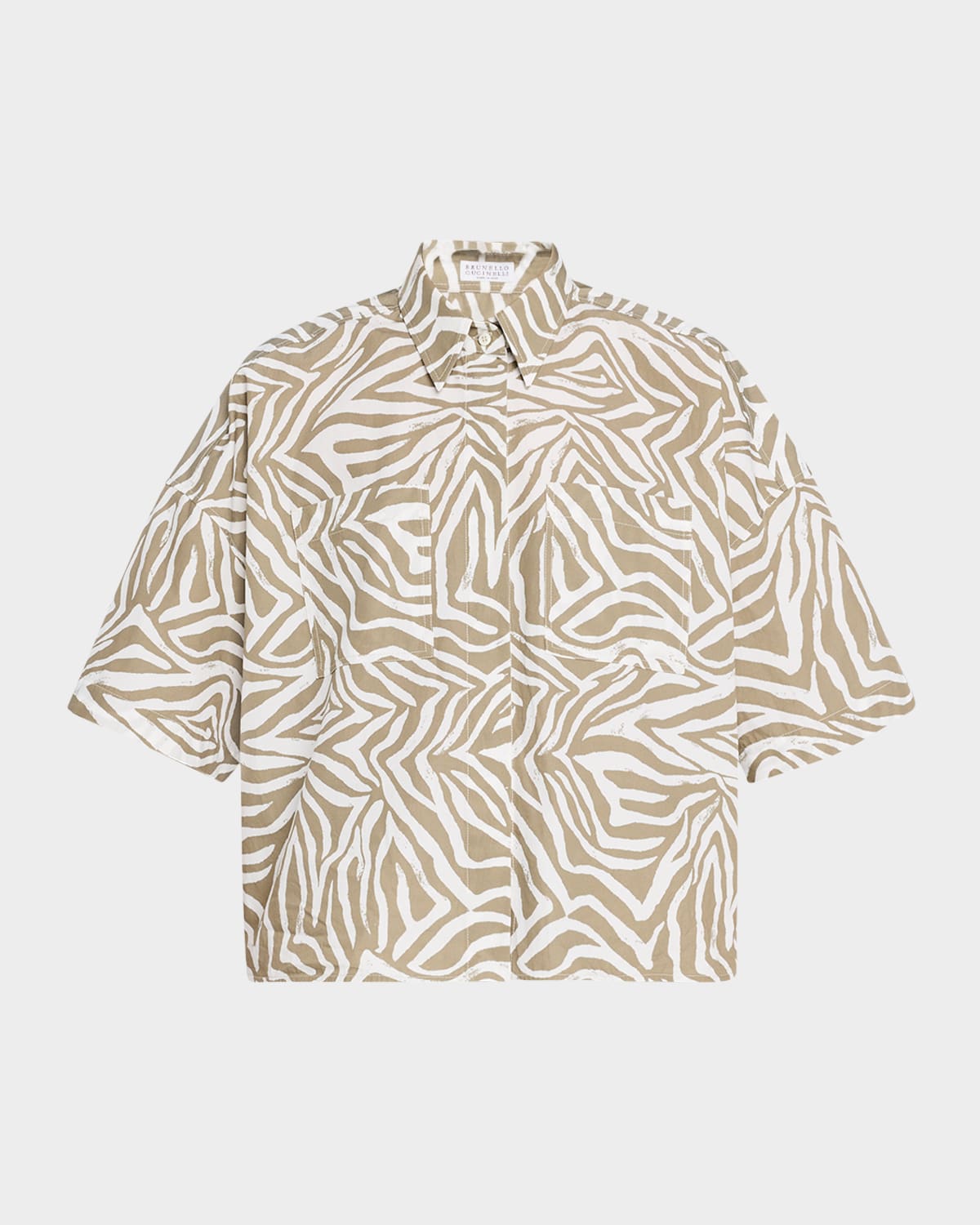 Brunello Cucinelli Animalier-print Short-sleeve Button-down Shirt In C003 Khaki