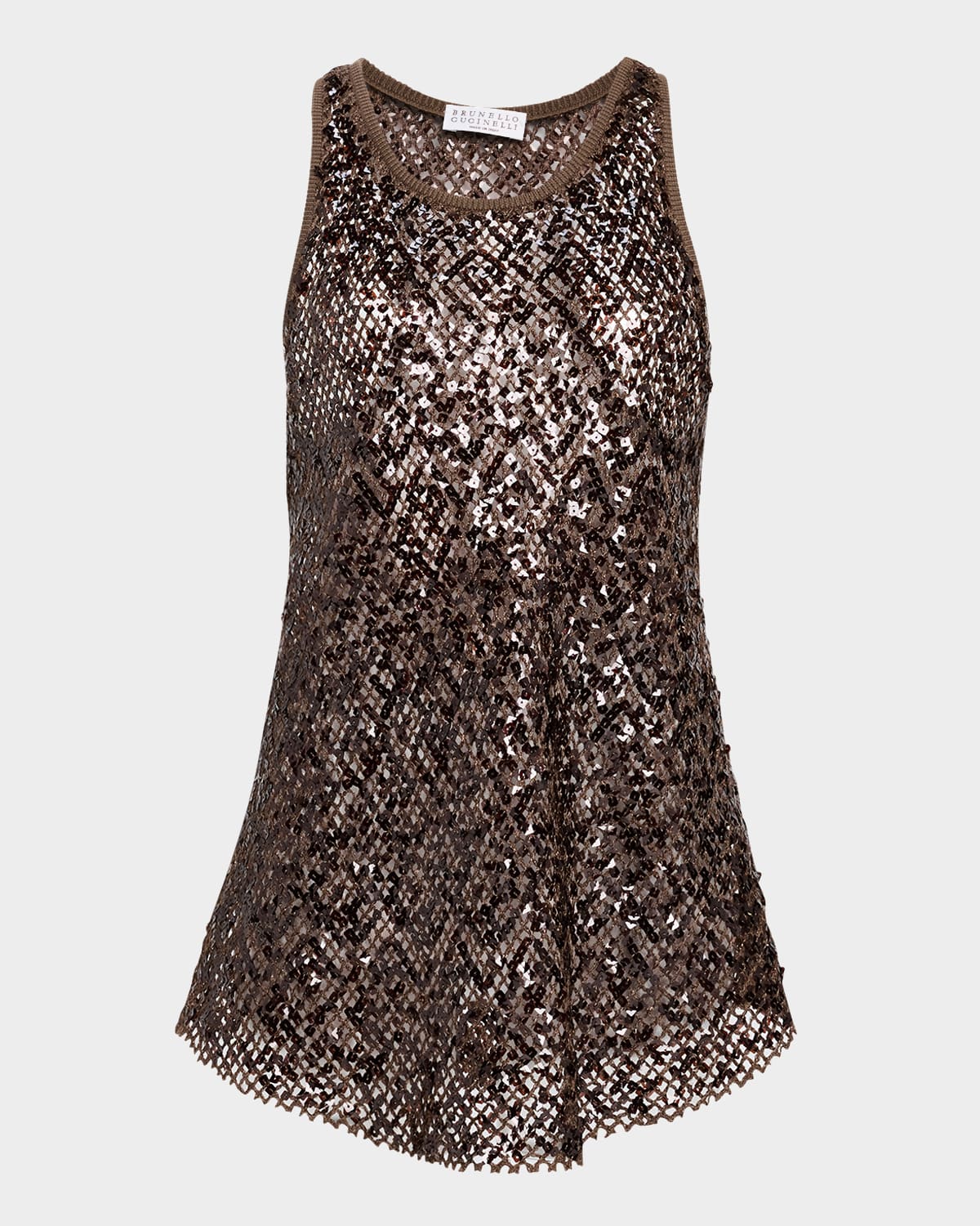 Brunello Cucinelli Pailette Net Knit Racerback Tank Top In Clg49 Chocolate