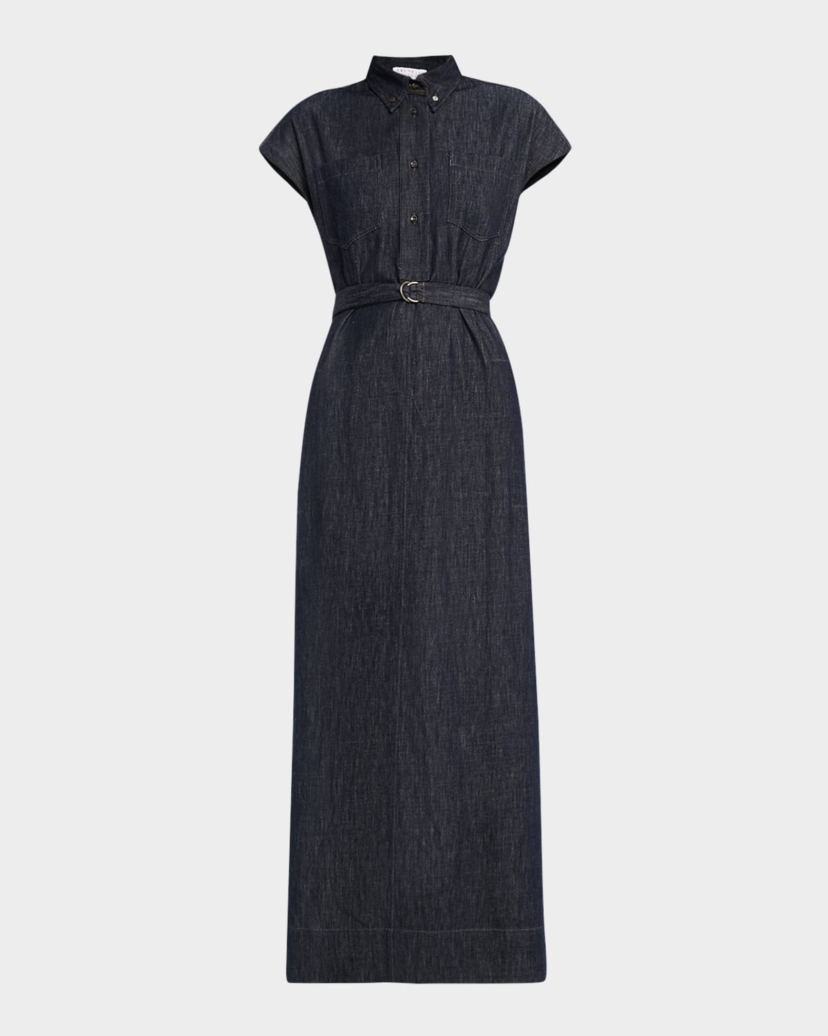 Brunello Cucinelli Cap-sleeve Belted Indigo Midi Shirtdress In C001 Denim Blue