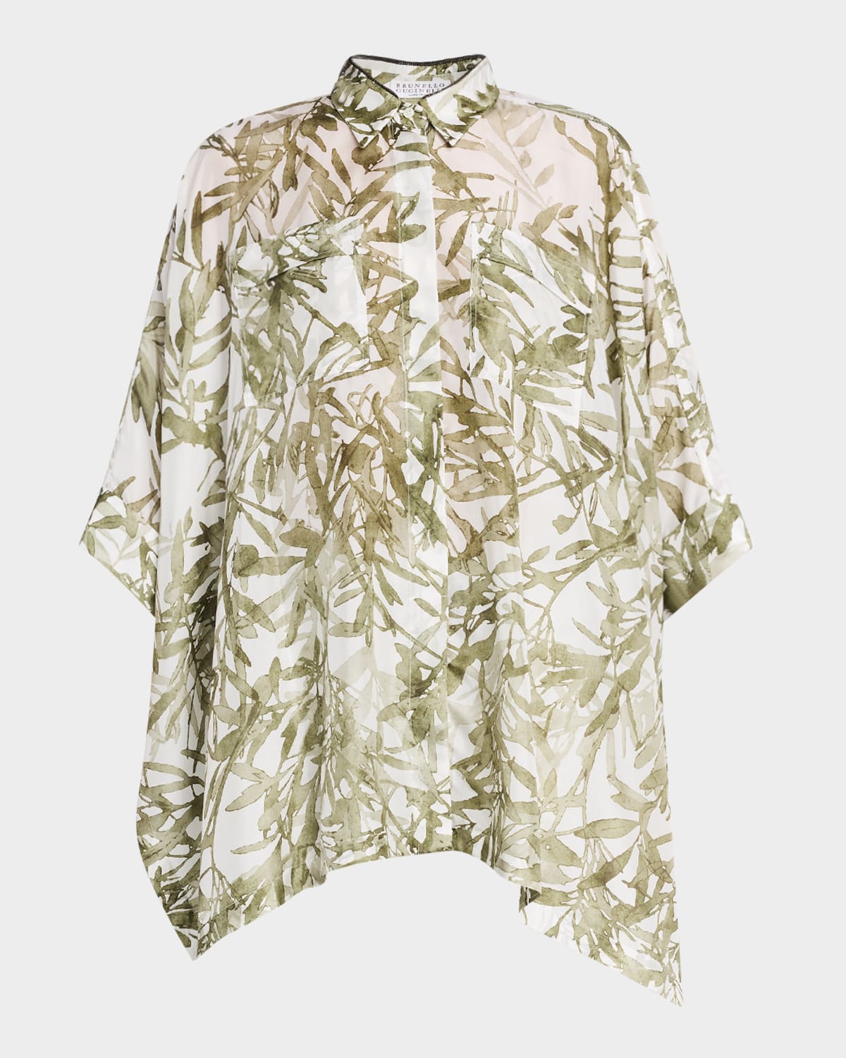 Brunello Cucinelli Herbarium-print Silk Ponge Short-sleeve Top With Monili Trim In C6001 Panama And Gre