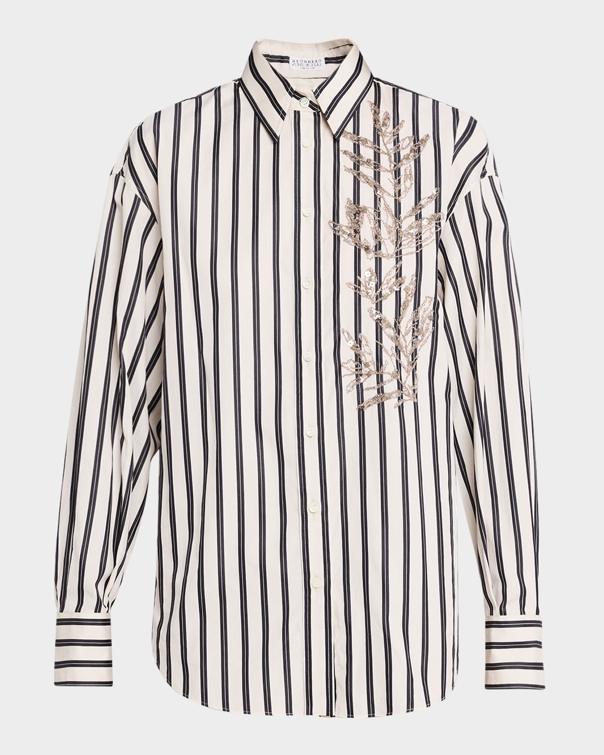 Brunello Cucinelli White Shirt With Floral Embroidery On The Front And All-over Striped Motif In C046 Black White