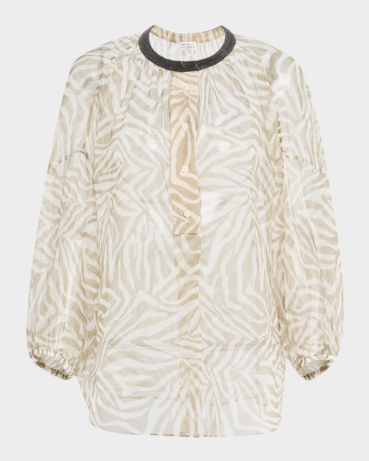 Brunello Cucinelli Monili-Collar Animalier-Print Organza Button-Front Top