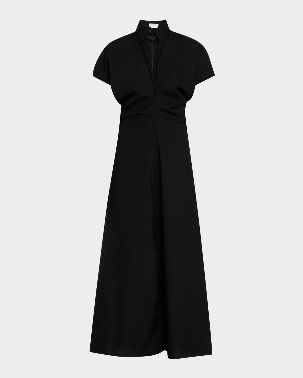 Brunello Cucinelli Shirred-waist Cap-sleeve Cotton Poplin Maxi Shirtdress With Monili Trim In C101 Black
