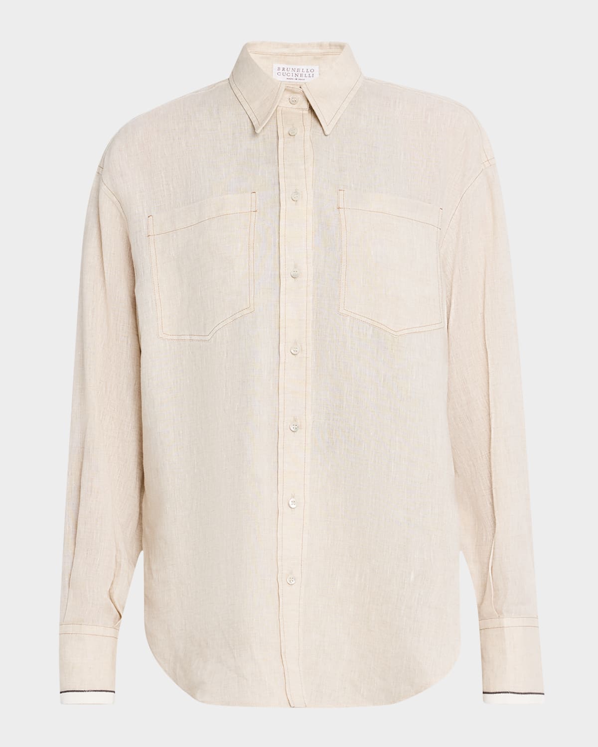 Brunello Cucinelli Beige Shirt With Chest Pockets And Monile Decorations In Linen Woman In Neutral