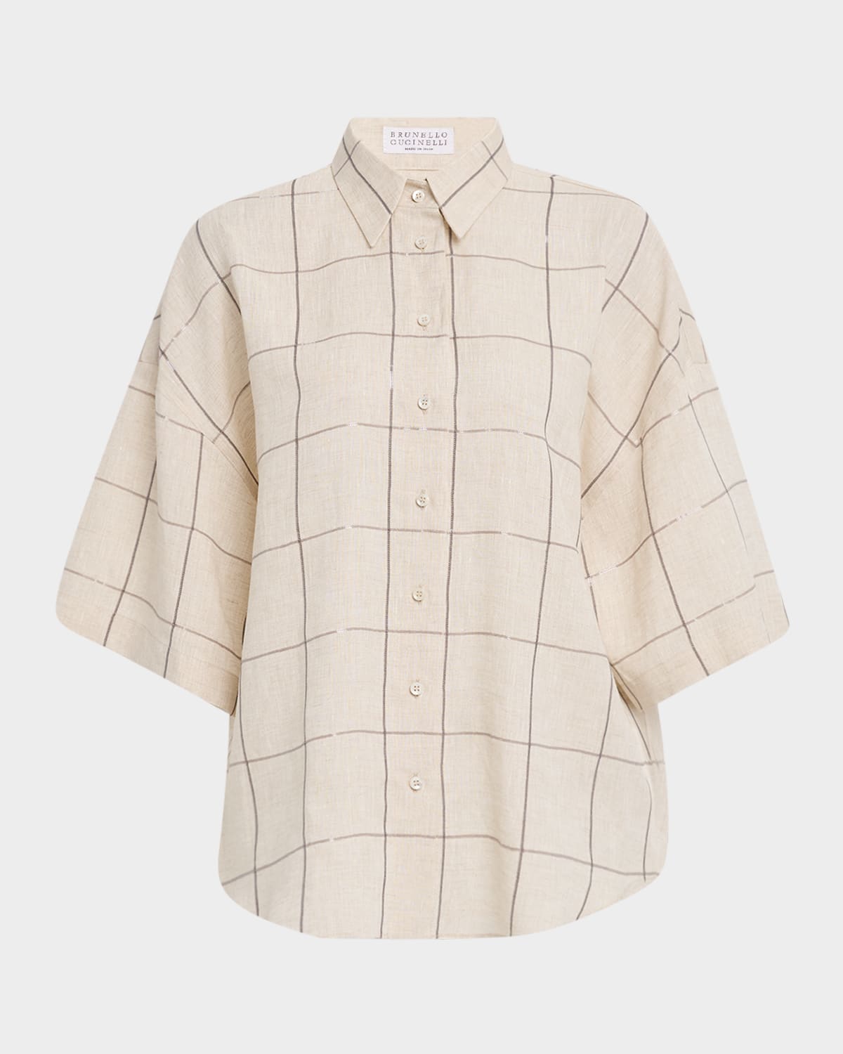 BRUNELLO CUCINELLI PAILLETTE CHECK LIGHT LINEN BUTTON-DOWN SHIRT 