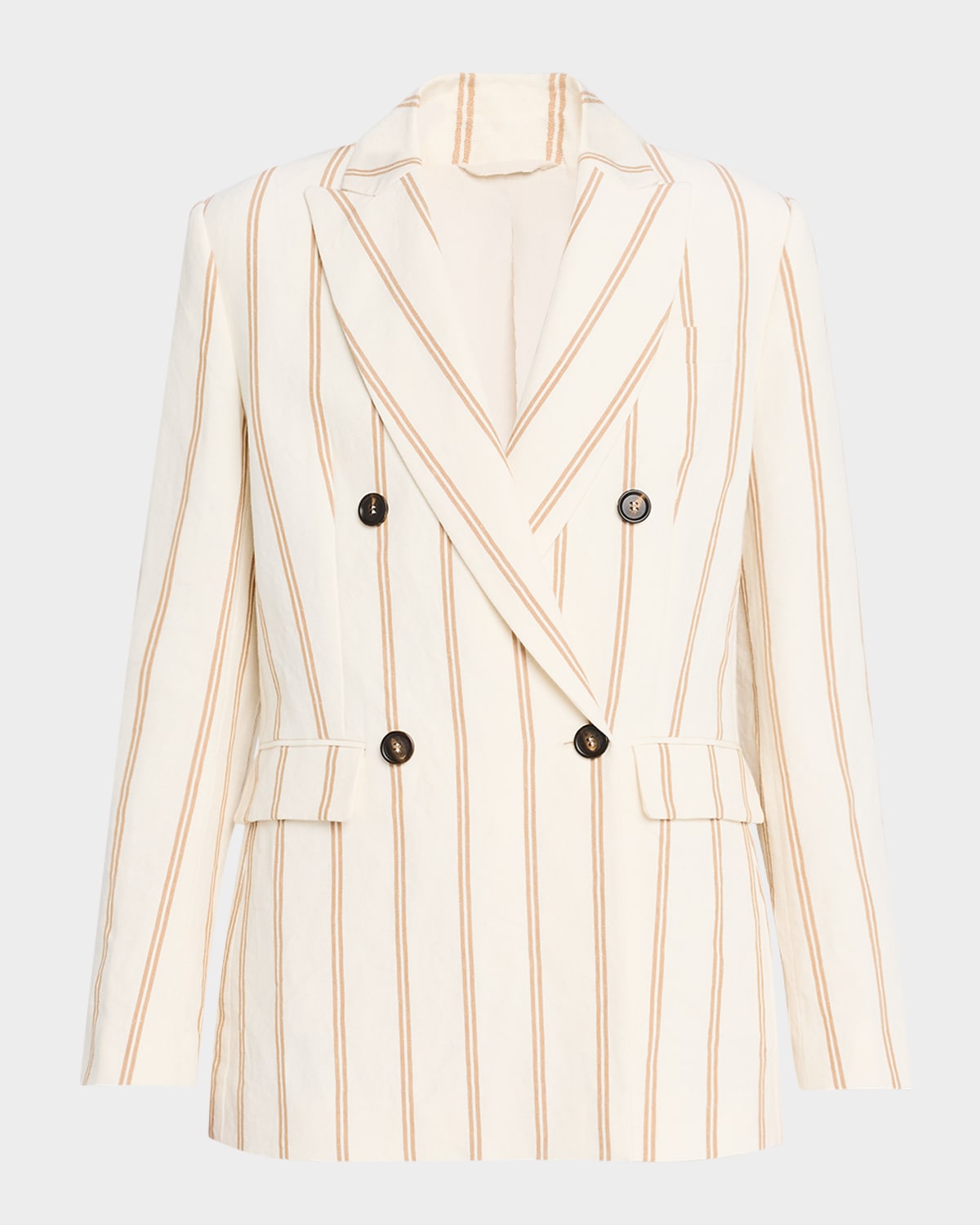 Brunello Cucinelli Striped Linen-cotton Double-breasted Blazer In C001 Cream W Camel