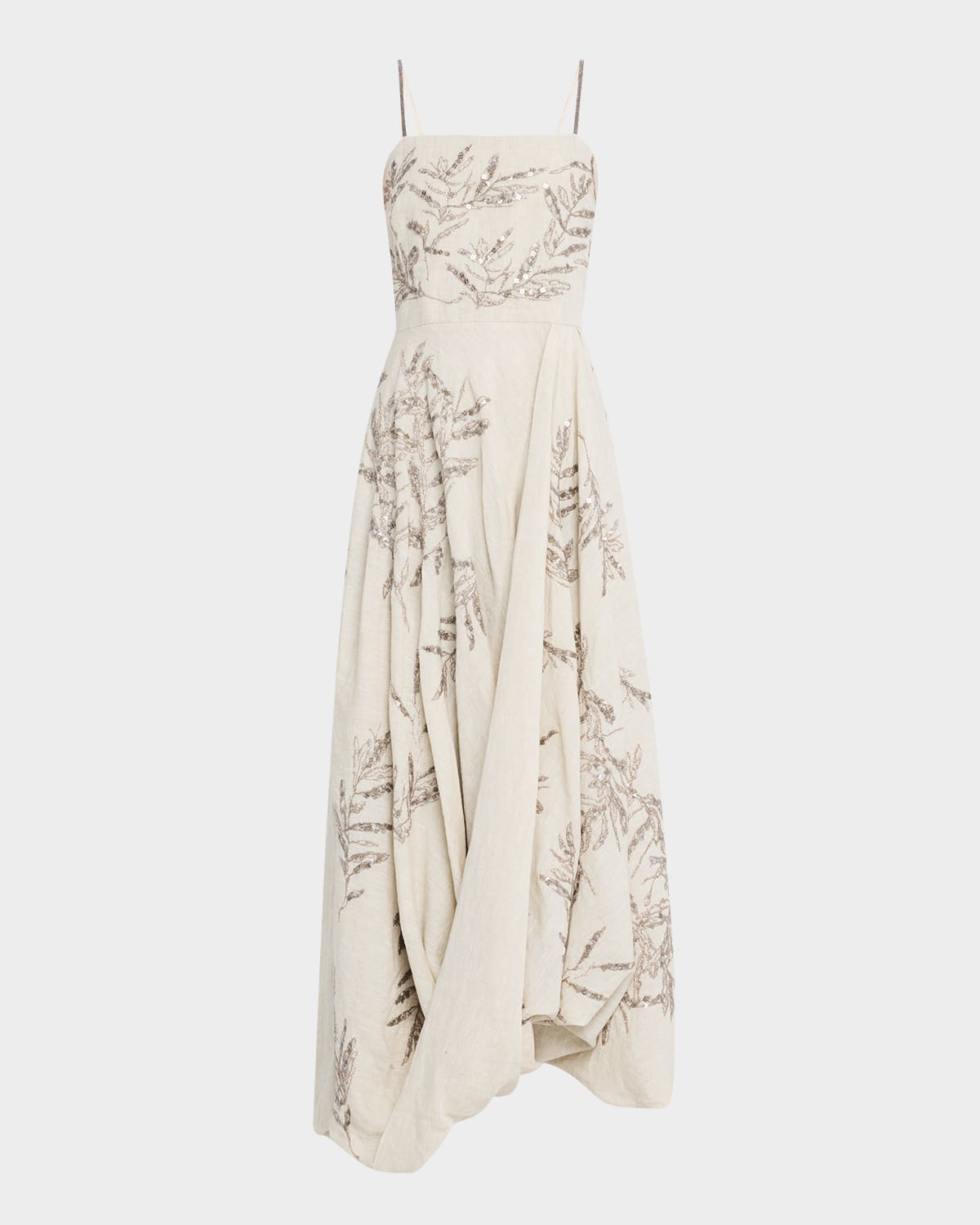 Brunello Cucinelli Herbarium Embroidered Linen Bubble Midi Dress