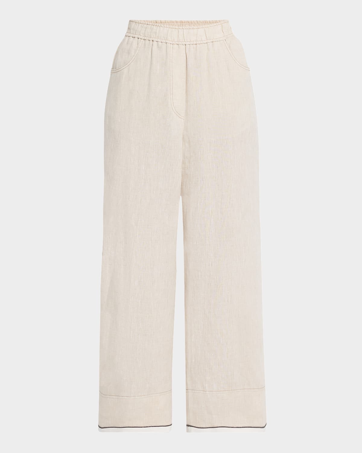 Brunello Cucinelli Beige Crop Pants With Monile Decorations In Linen Woman In C200 Jute