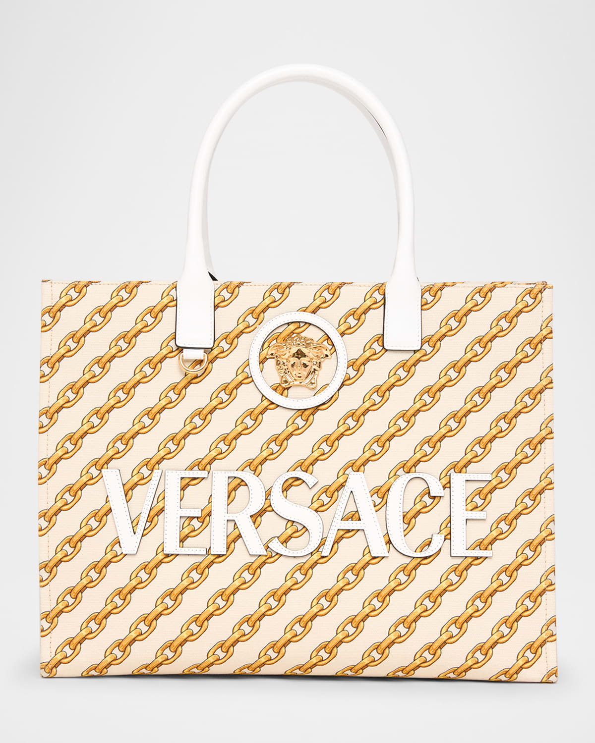 Versace La Medusa Chain-link Canvas Tote Bag In Porcelain White Multicolor
