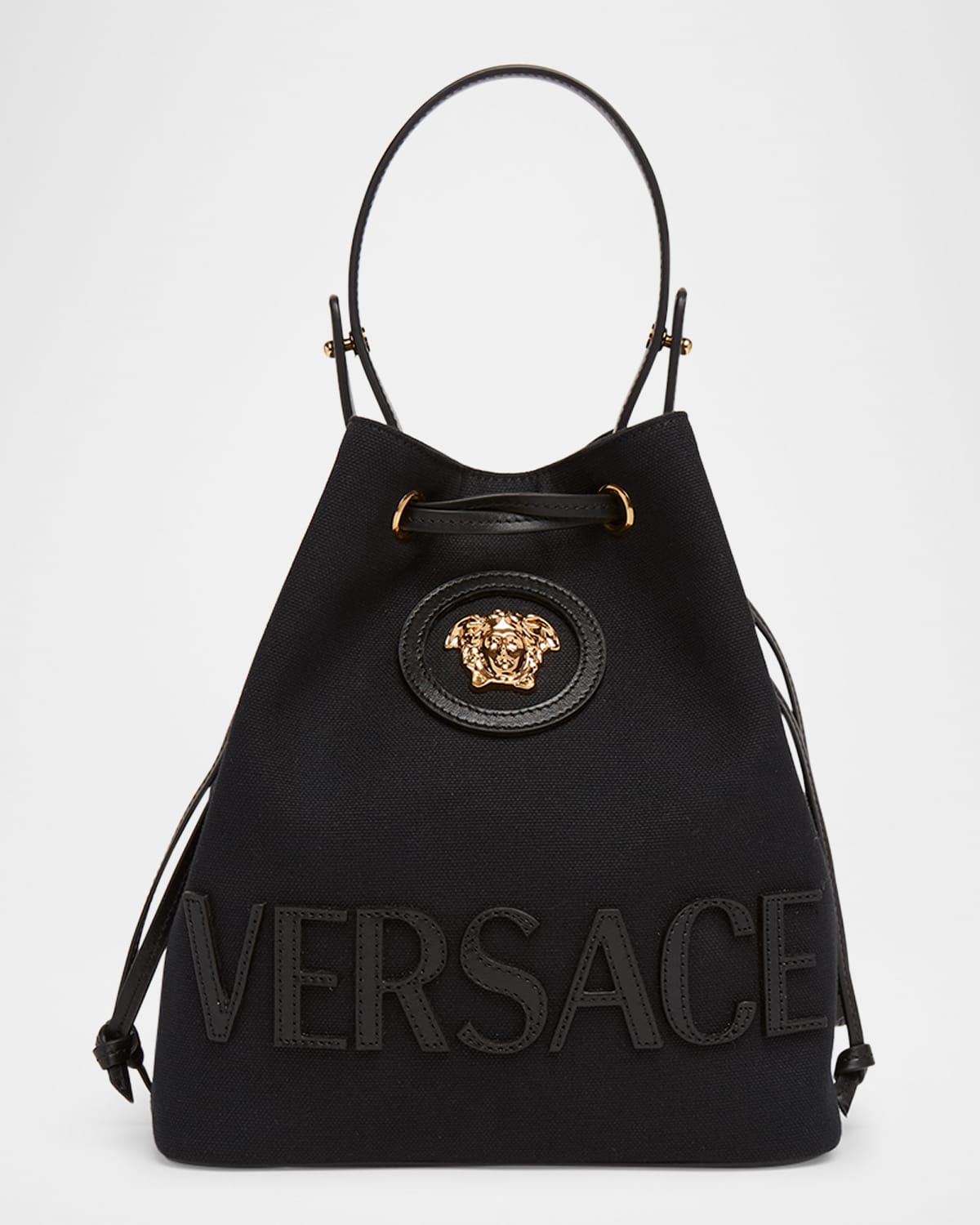 Versace La Medusa Drawstring Canvas Bucket Bag In Black