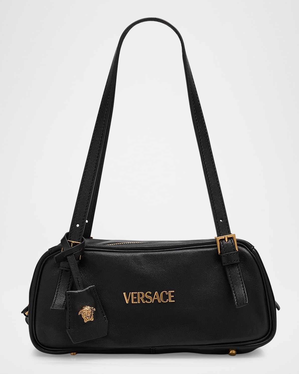 Versace Tag Bowling Shoulder Bag In Black- Gold