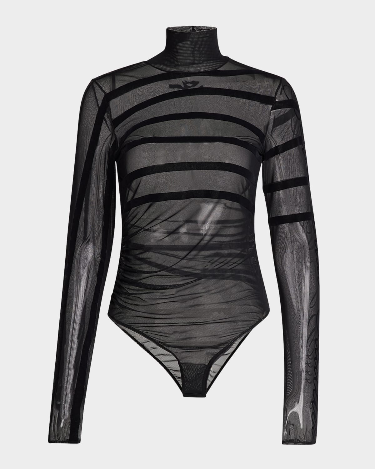 JEAN PAUL GAULTIER FLOCKED MARINIERE LOGO MESH TURTLENECK BODYSUIT 