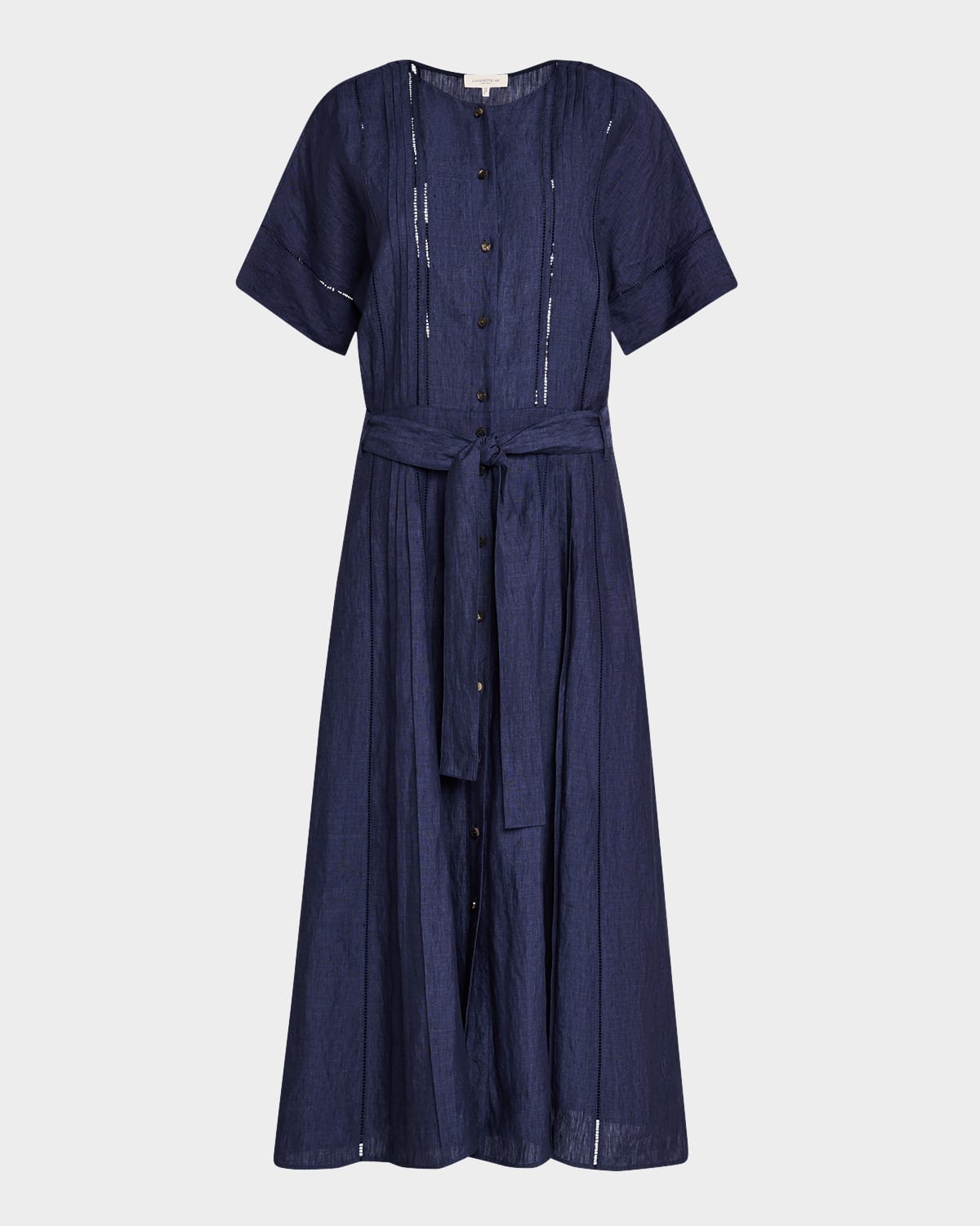 Lafayette 148 Lace-inset Pintuck Linen Midi Shirtdress In Delft Melange