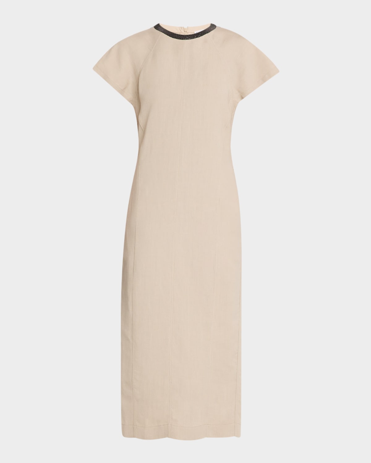 Brunello Cucinelli Monili Collar Linen Midi Dress In C3095 Light Desert