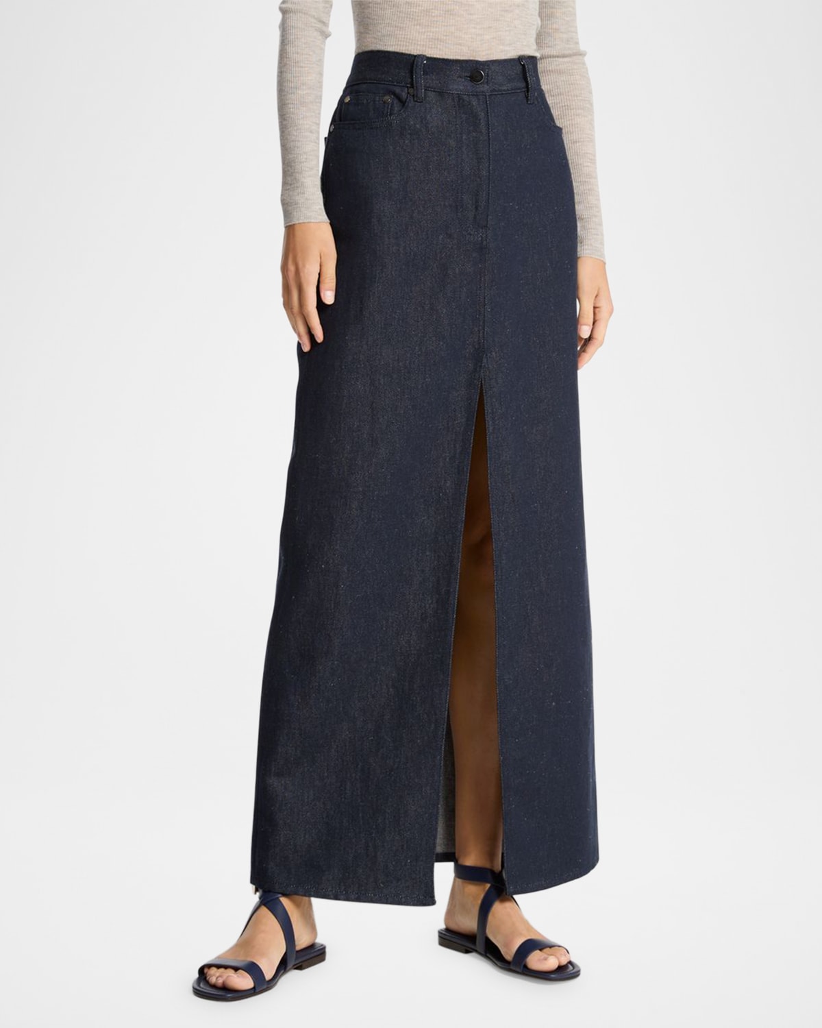 Cotton-Linen Denim Slit Maxi Skirt