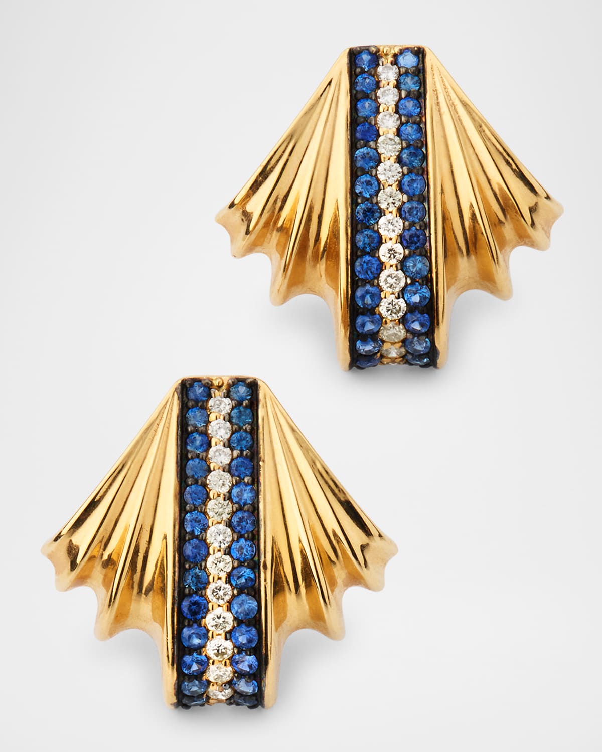 14K Yellow Gold Scallop Diamond and Blue Sapphire Earrings